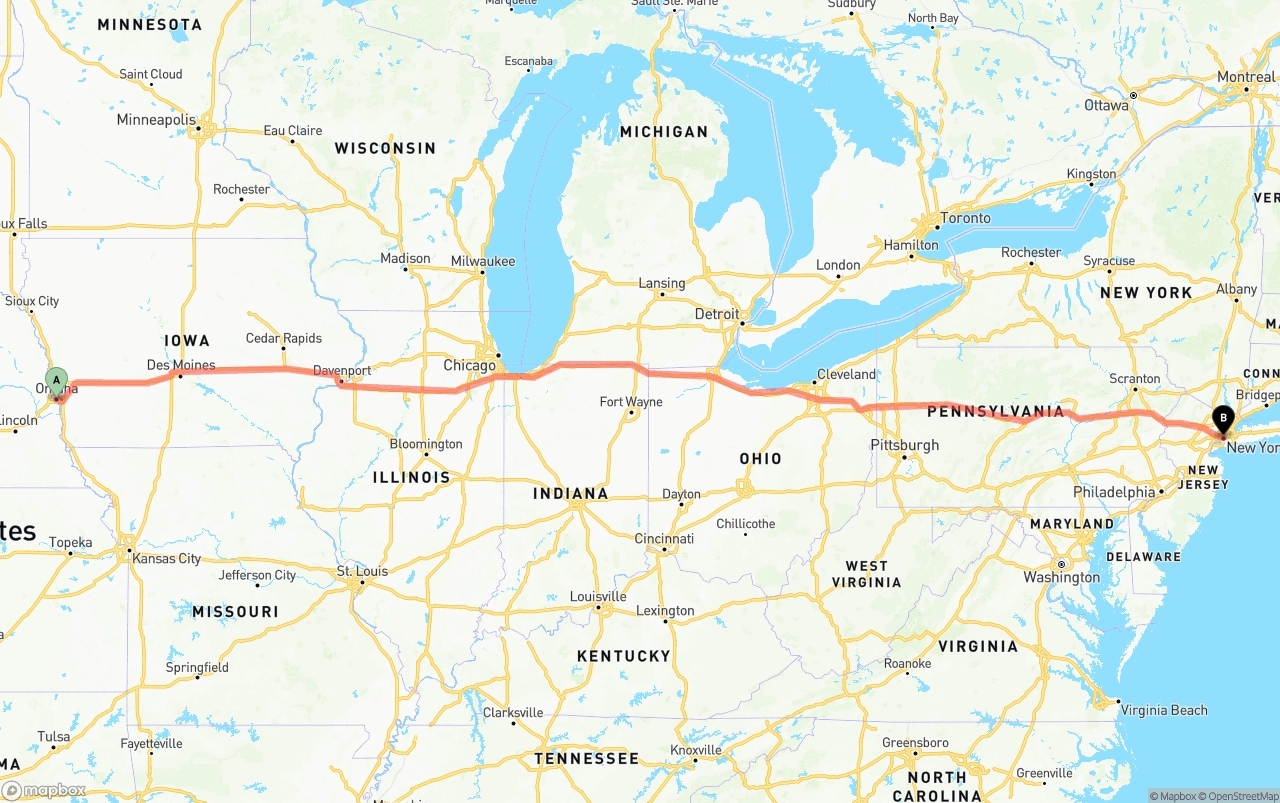 Shipping route from Omaha to New York City