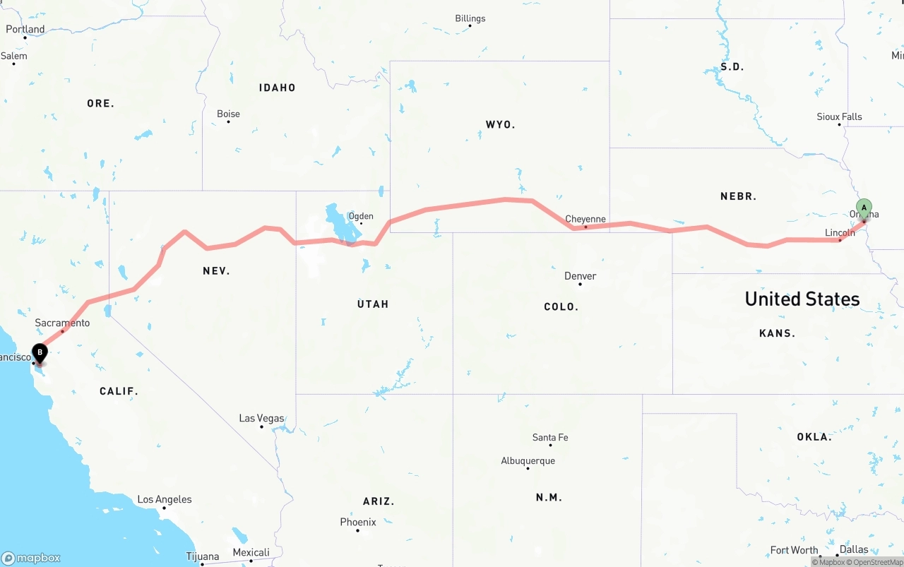 Shipping route from Omaha to Oakland International Airport