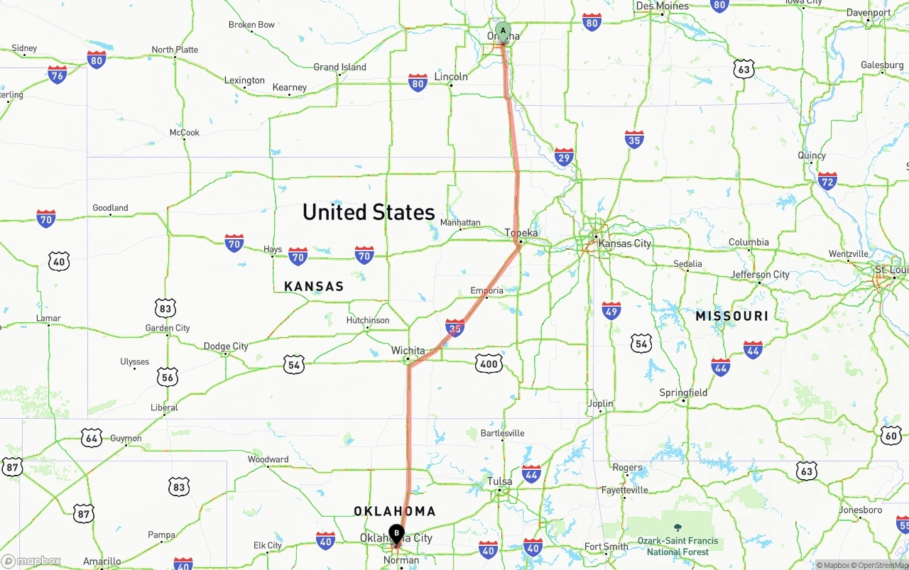 Shipping route from Omaha to Oklahoma City