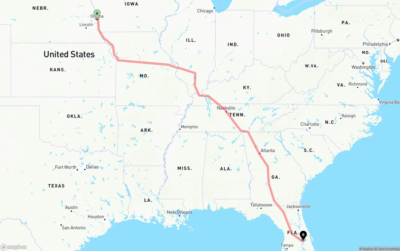 Shipping route from Omaha to Orlando International Airport