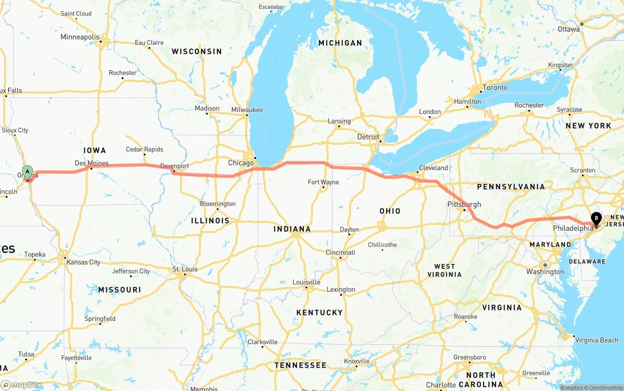 Shipping route from Omaha to Philadelphia