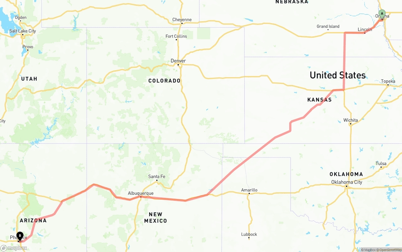 Shipping route from Omaha to Phoenix Sky Harbor International Airport