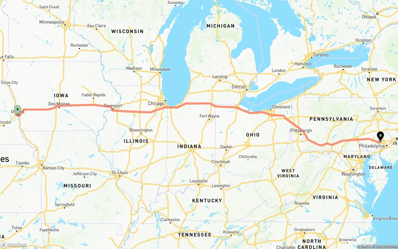 Shipping route from Omaha to Phoenix