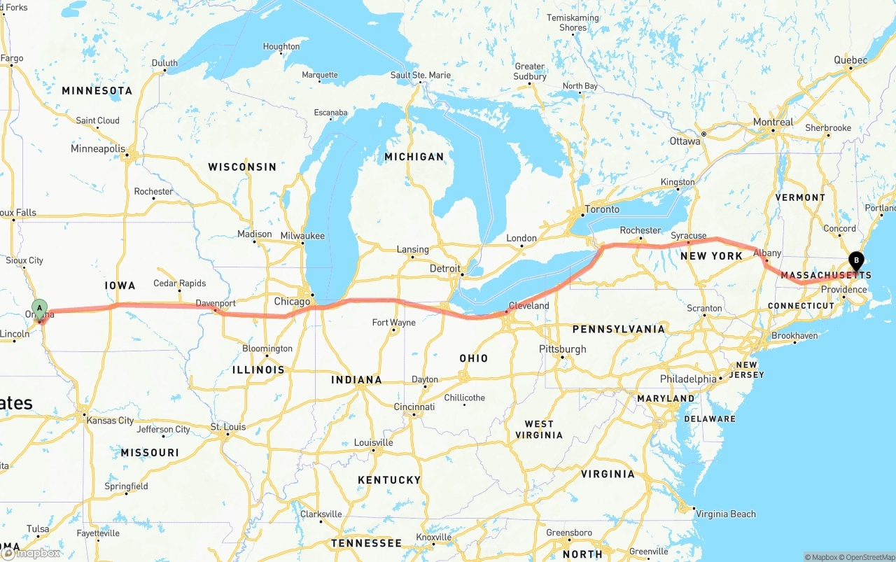 Shipping route from Omaha to Port of Boston