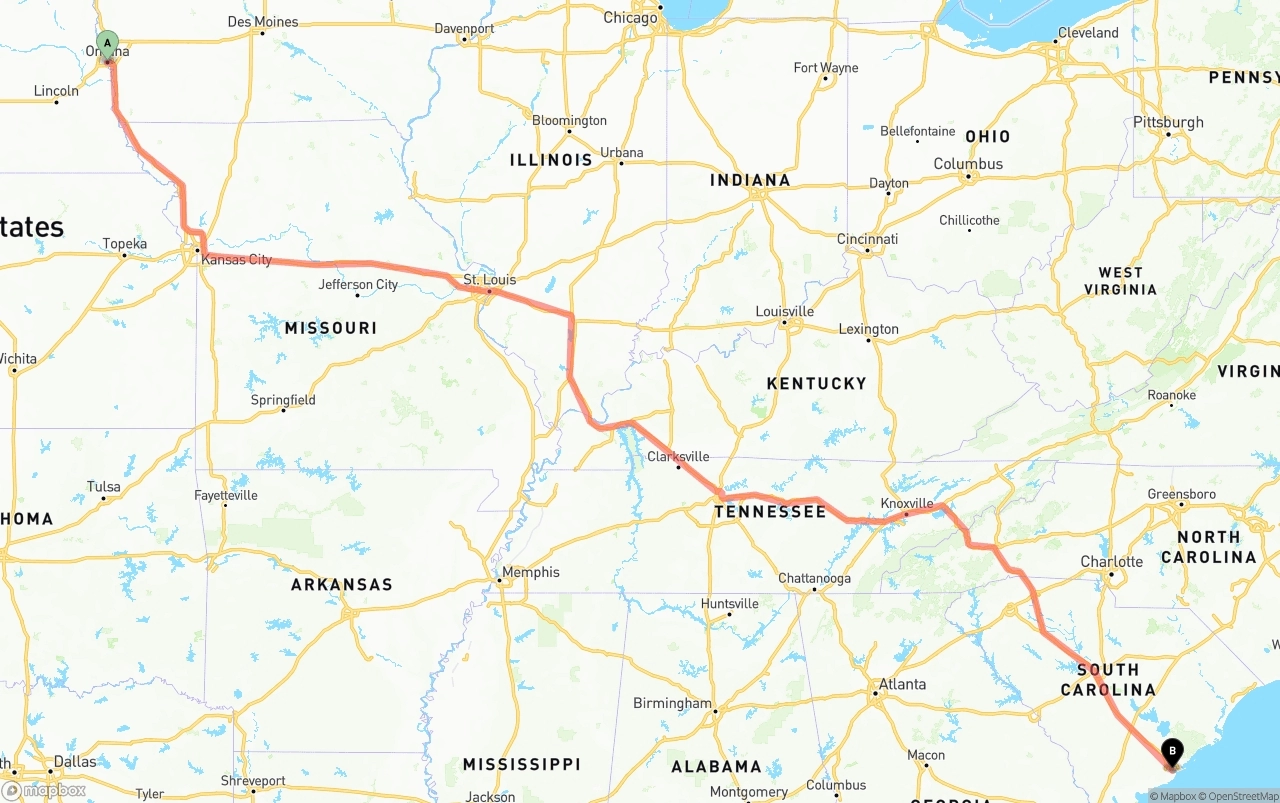 Shipping route from Omaha to Port of Charleston