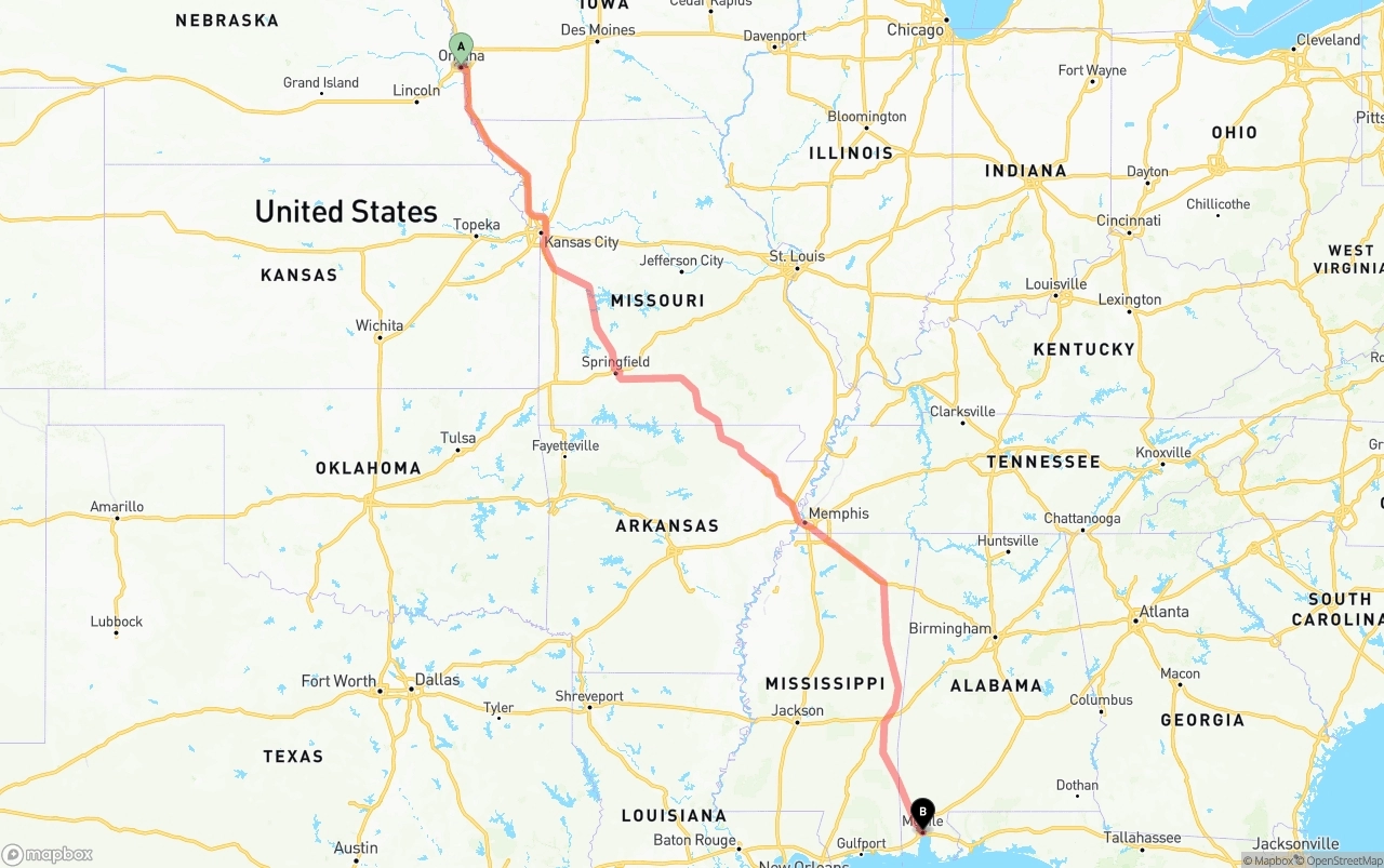 Shipping route from Omaha to Port of Mobile