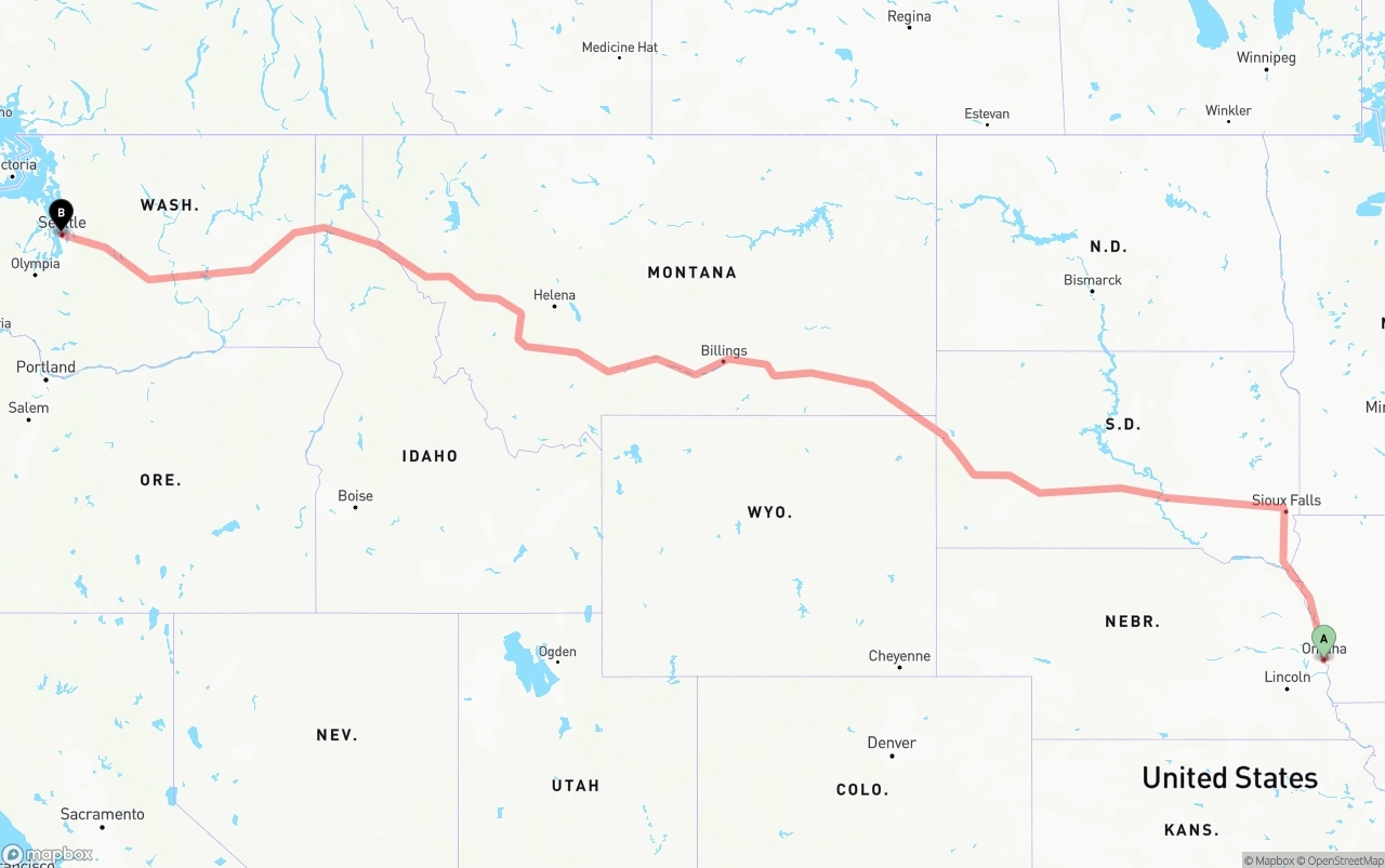 Shipping route from Omaha to Port of Seattle