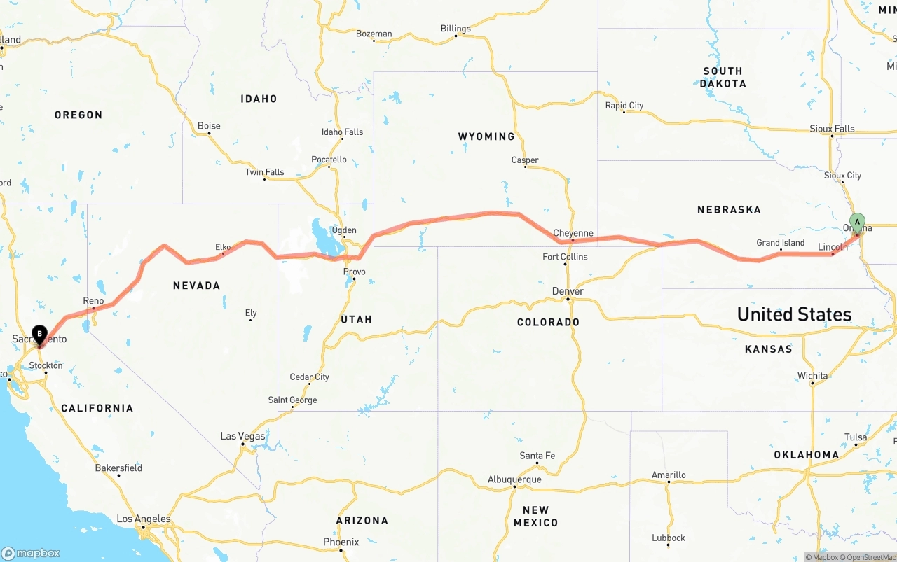 Shipping route from Omaha to Sacramento