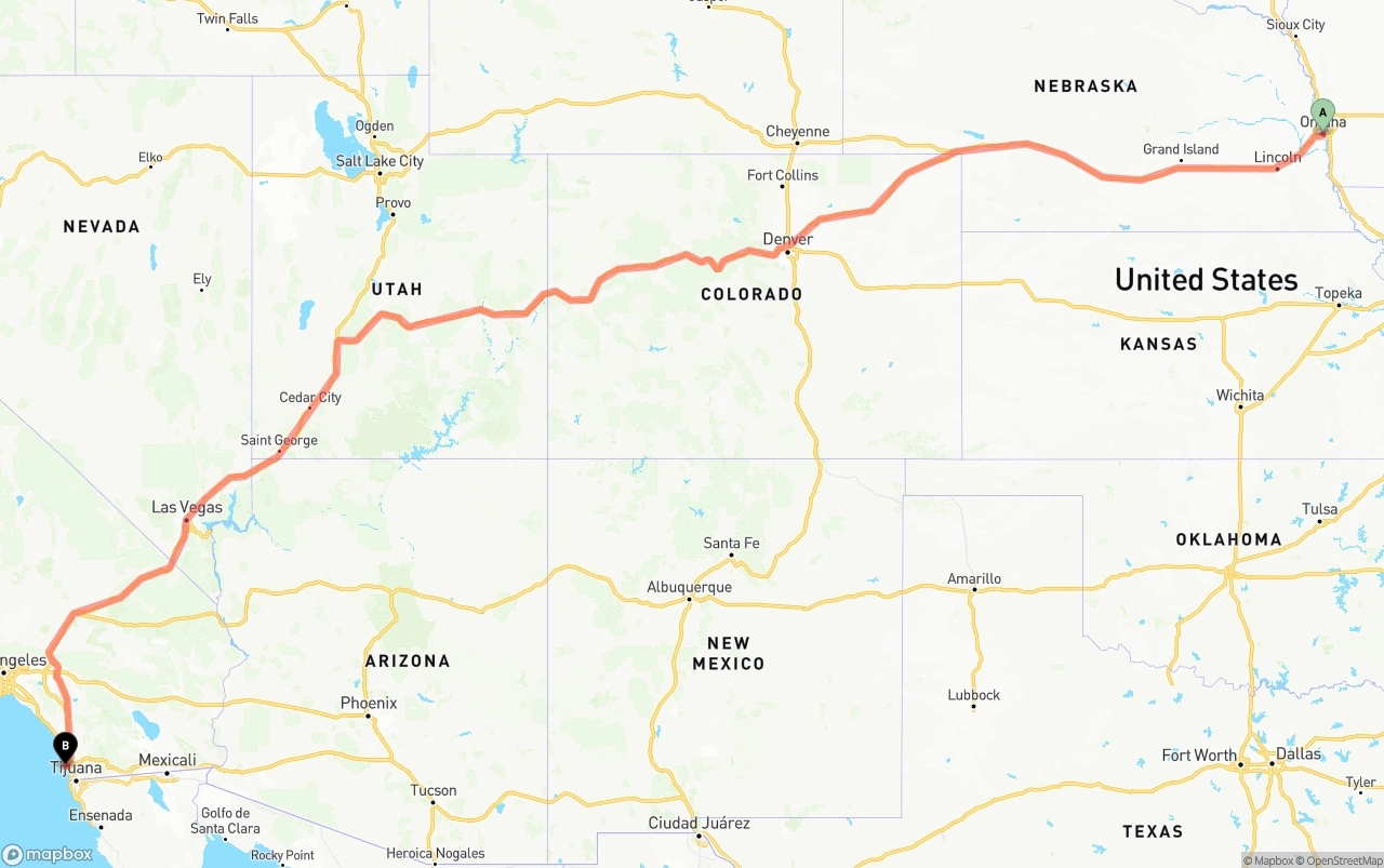Shipping route from Omaha to San Diego International Airport