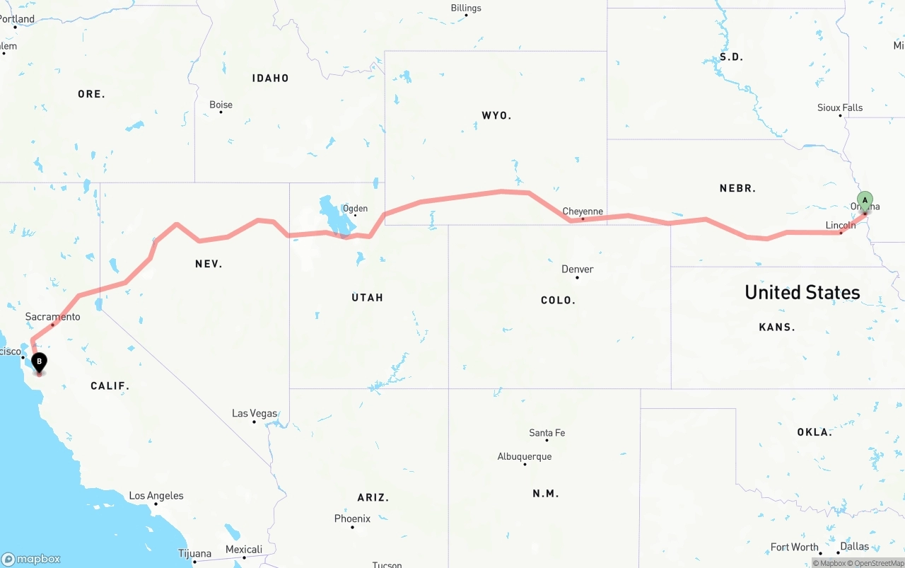 Shipping route from Omaha to San Jose