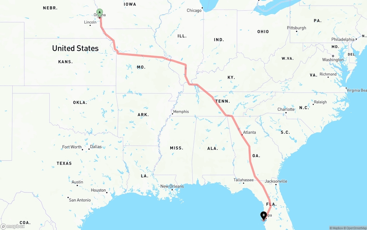 Shipping route from Omaha to St. Petersburg