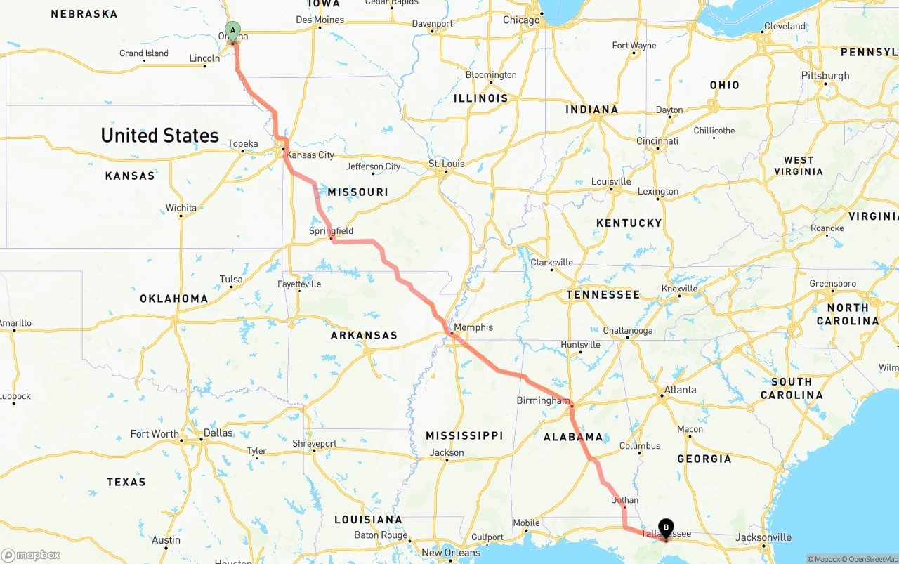 Shipping route from Omaha to Tallahassee