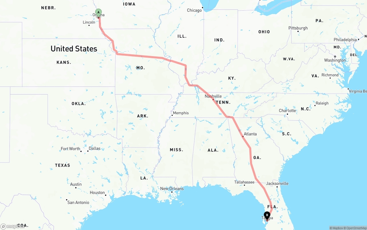 Shipping route from Omaha to Tampa