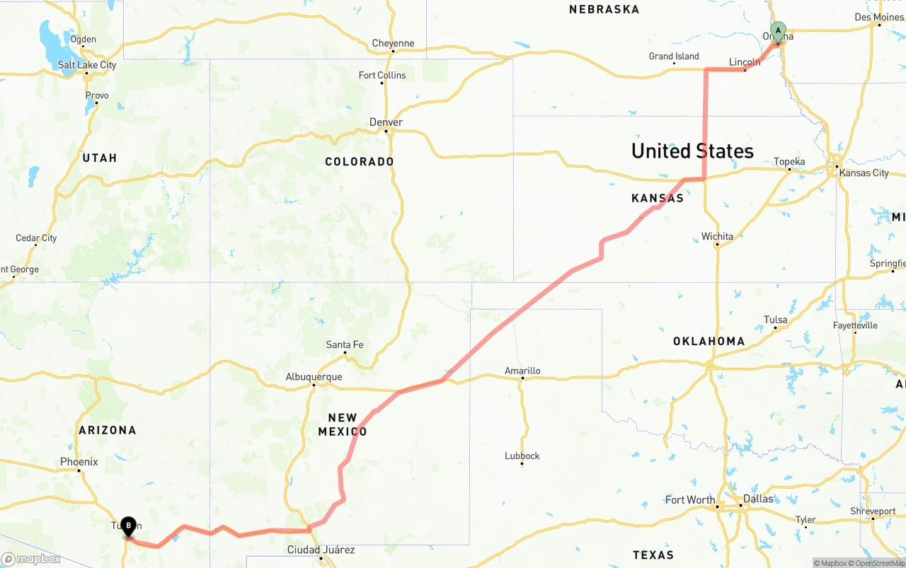 Shipping route from Omaha to Tucson International Airport
