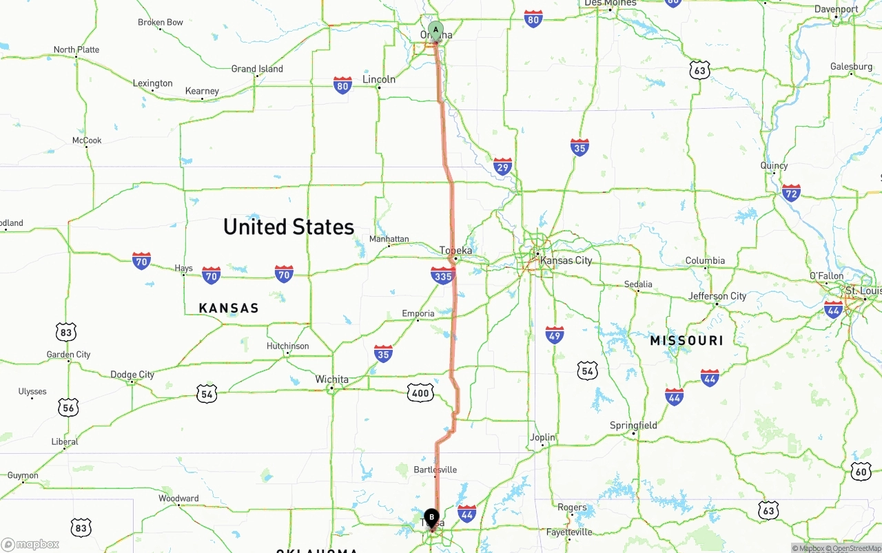 Shipping route from Omaha to Tulsa