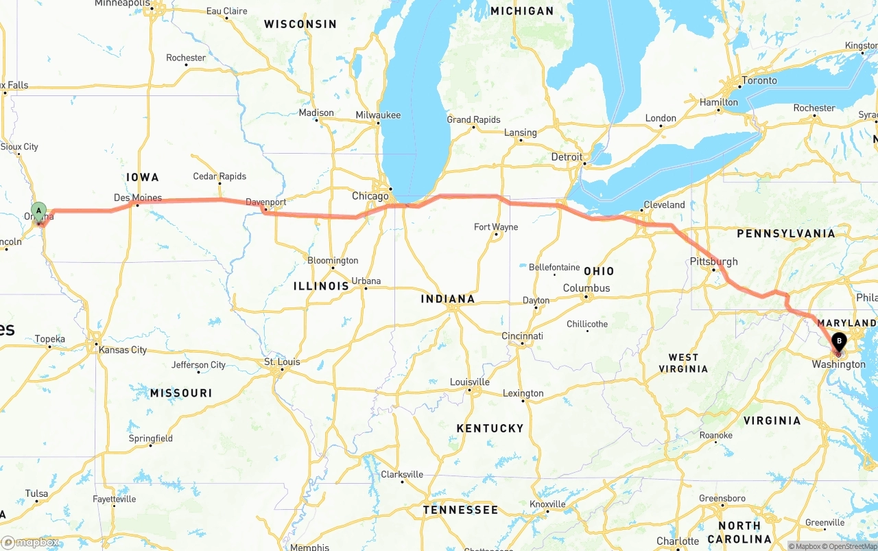 Shipping route from Omaha to Washington D.C.
