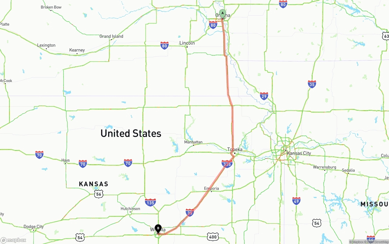 Shipping route from Omaha to Wichita