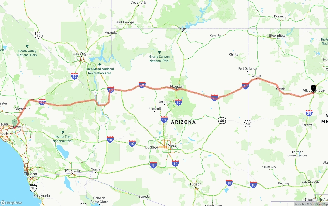 Shipping route from Ontario International Airport to Albuquerque