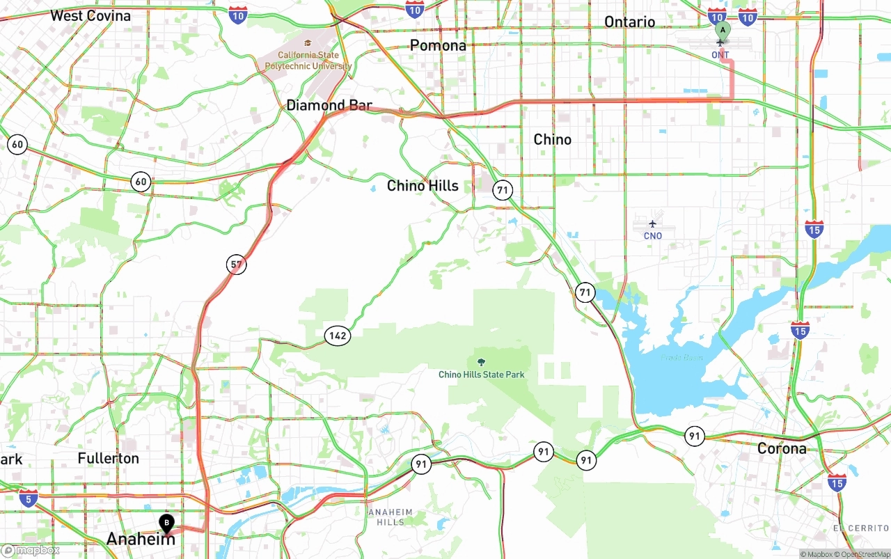 Shipping route from Ontario International Airport to Anaheim