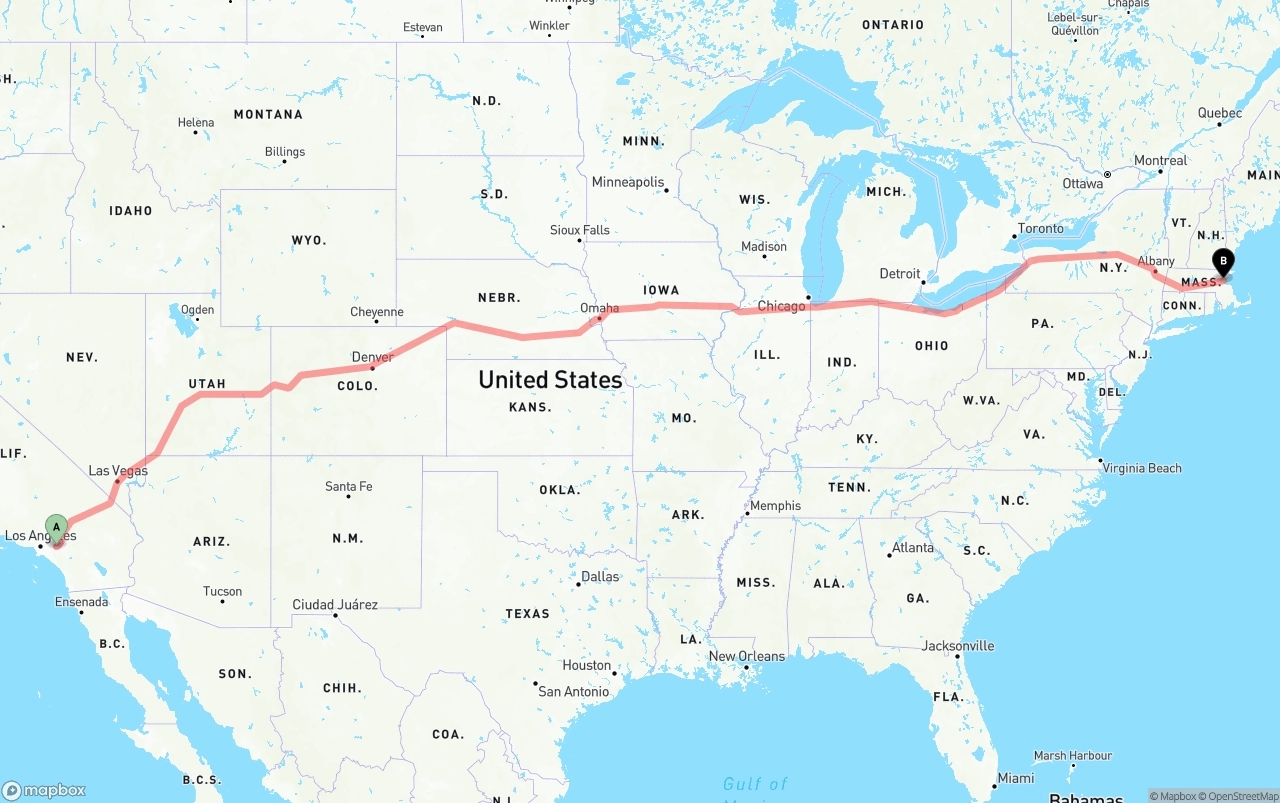 Shipping route from Ontario International Airport to Boston