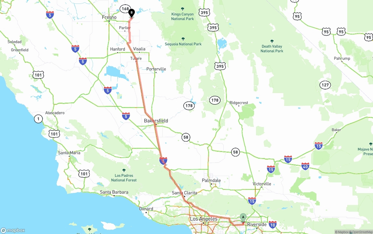 Shipping route from Ontario International Airport to California