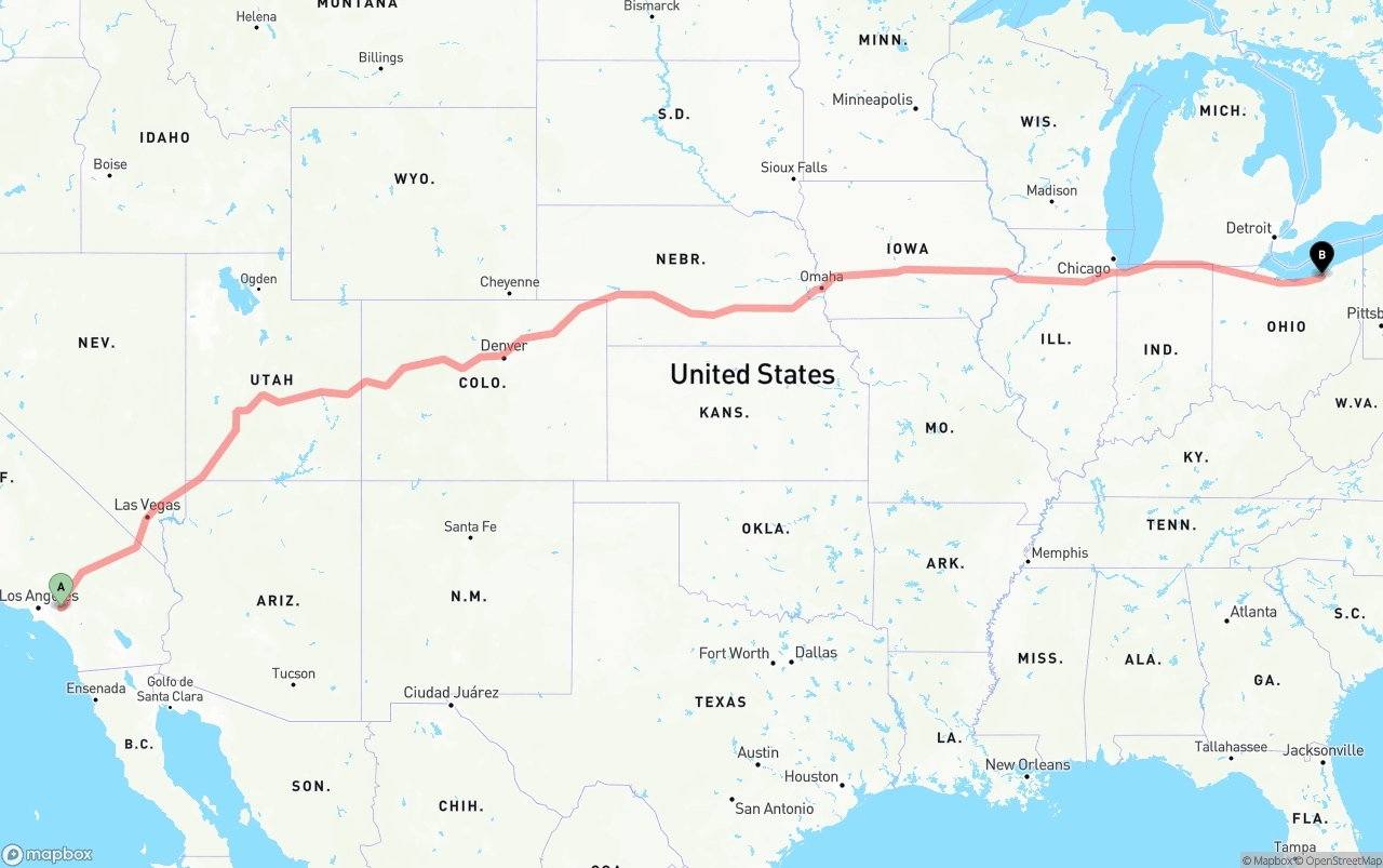 Shipping route from Ontario International Airport to Cleveland