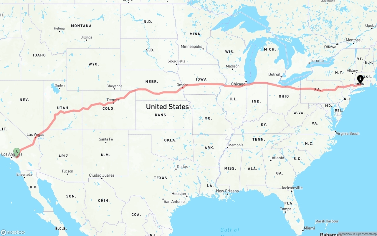 Shipping route from Ontario International Airport to Connecticut
