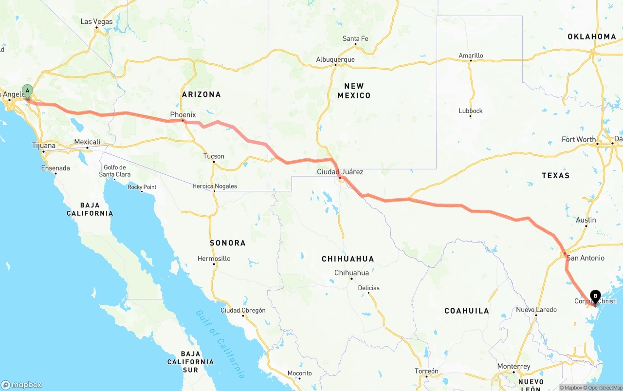 Shipping route from Ontario International Airport to Corpus Christi
