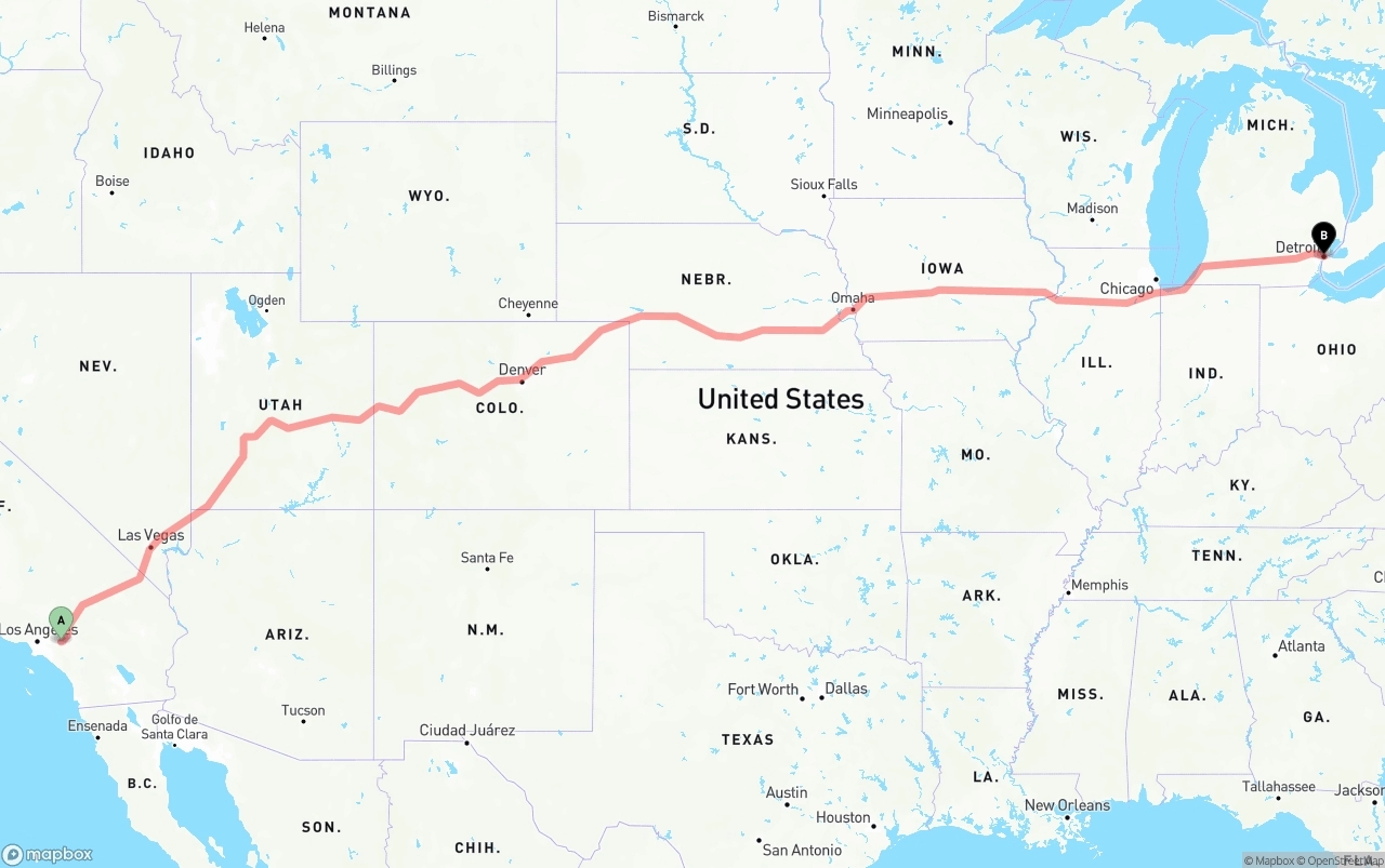 Shipping route from Ontario International Airport to Detroit