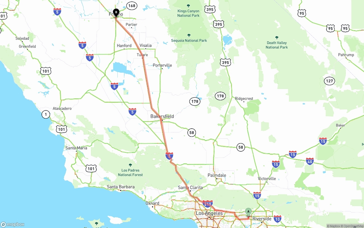 Shipping route from Ontario International Airport to Fresno
