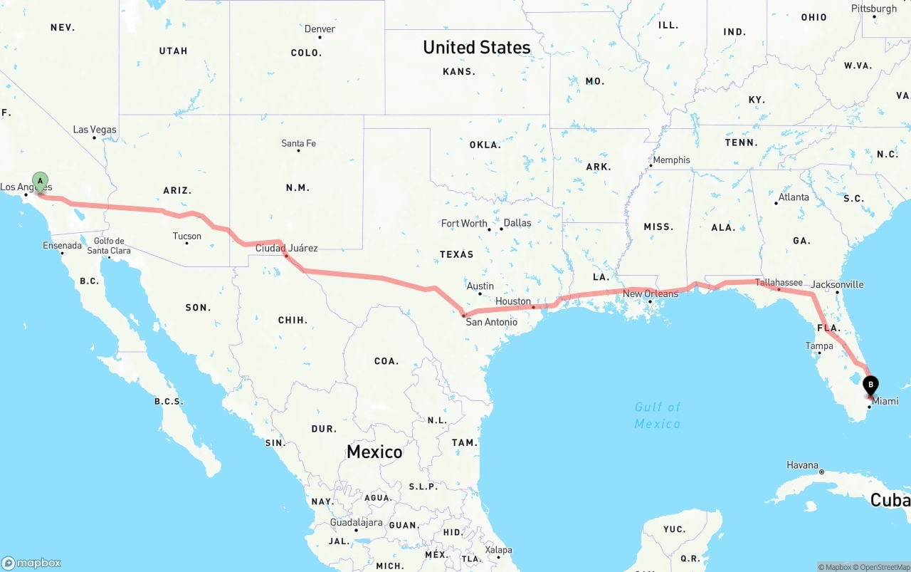 Shipping route from Ontario International Airport to Ft. Lauderdale