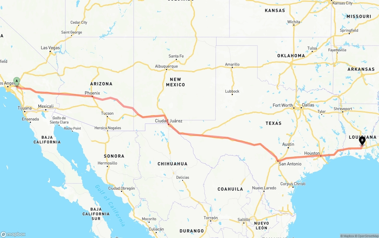 Shipping route from Ontario International Airport to Louisiana