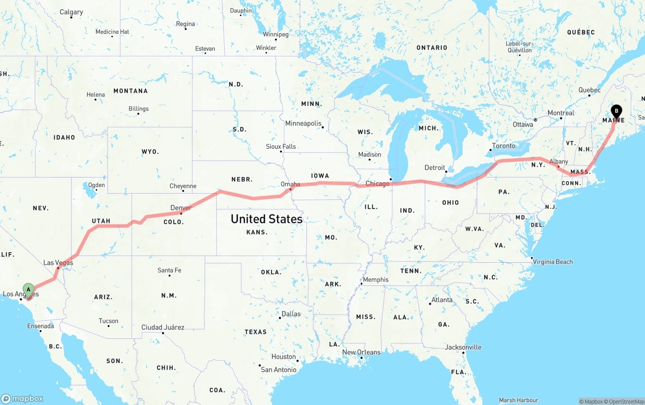 Shipping route from Ontario International Airport to Maine