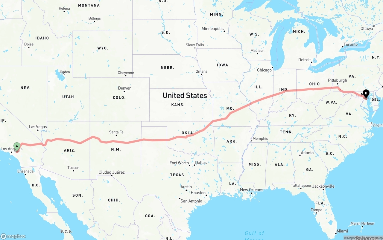 Shipping route from Ontario International Airport to Maryland