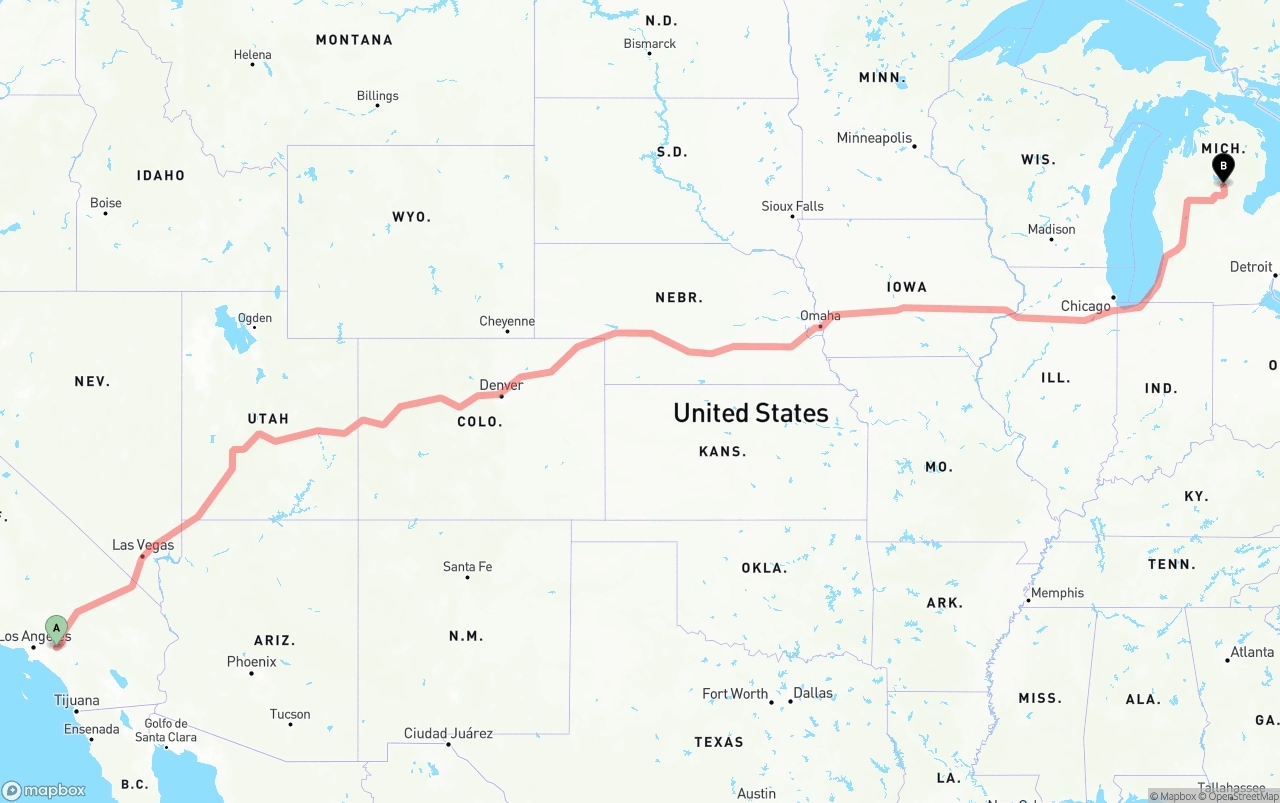 Shipping route from Ontario International Airport to Michigan
