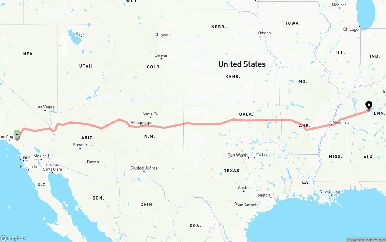 Shipping route from Ontario International Airport to Nashville