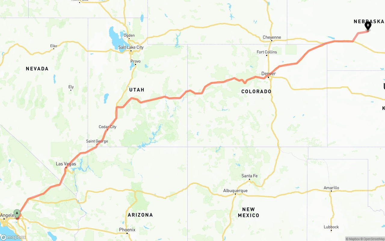 Shipping route from Ontario International Airport to Nebraska