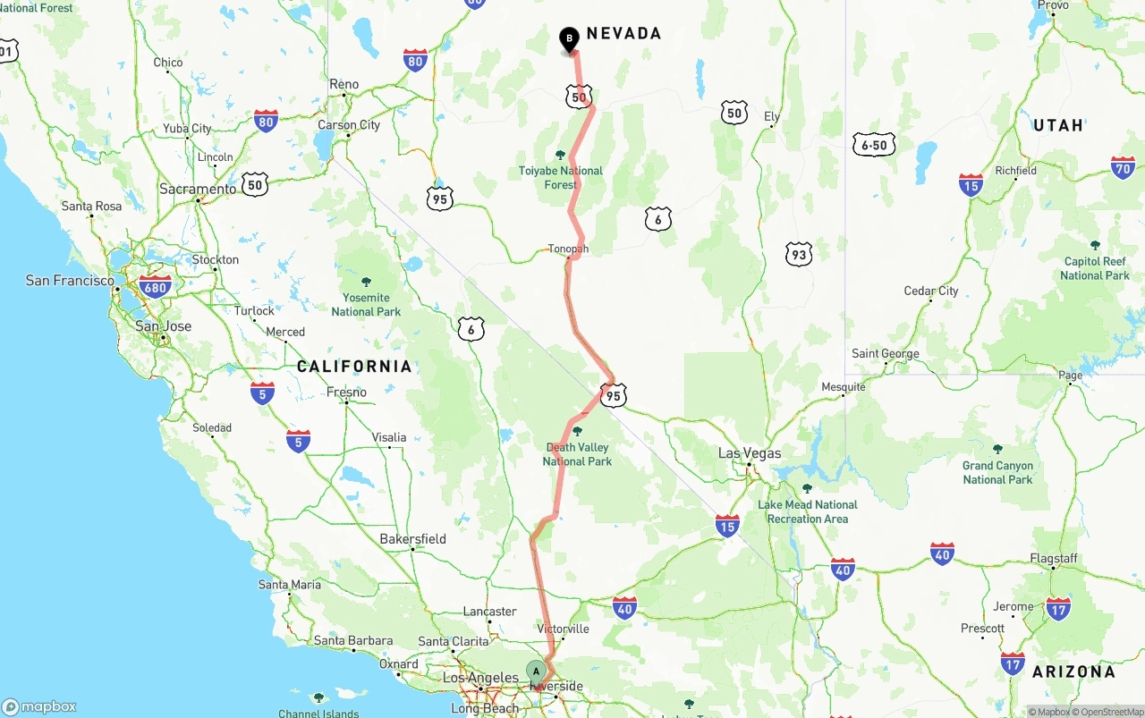 Shipping route from Ontario International Airport to Nevada