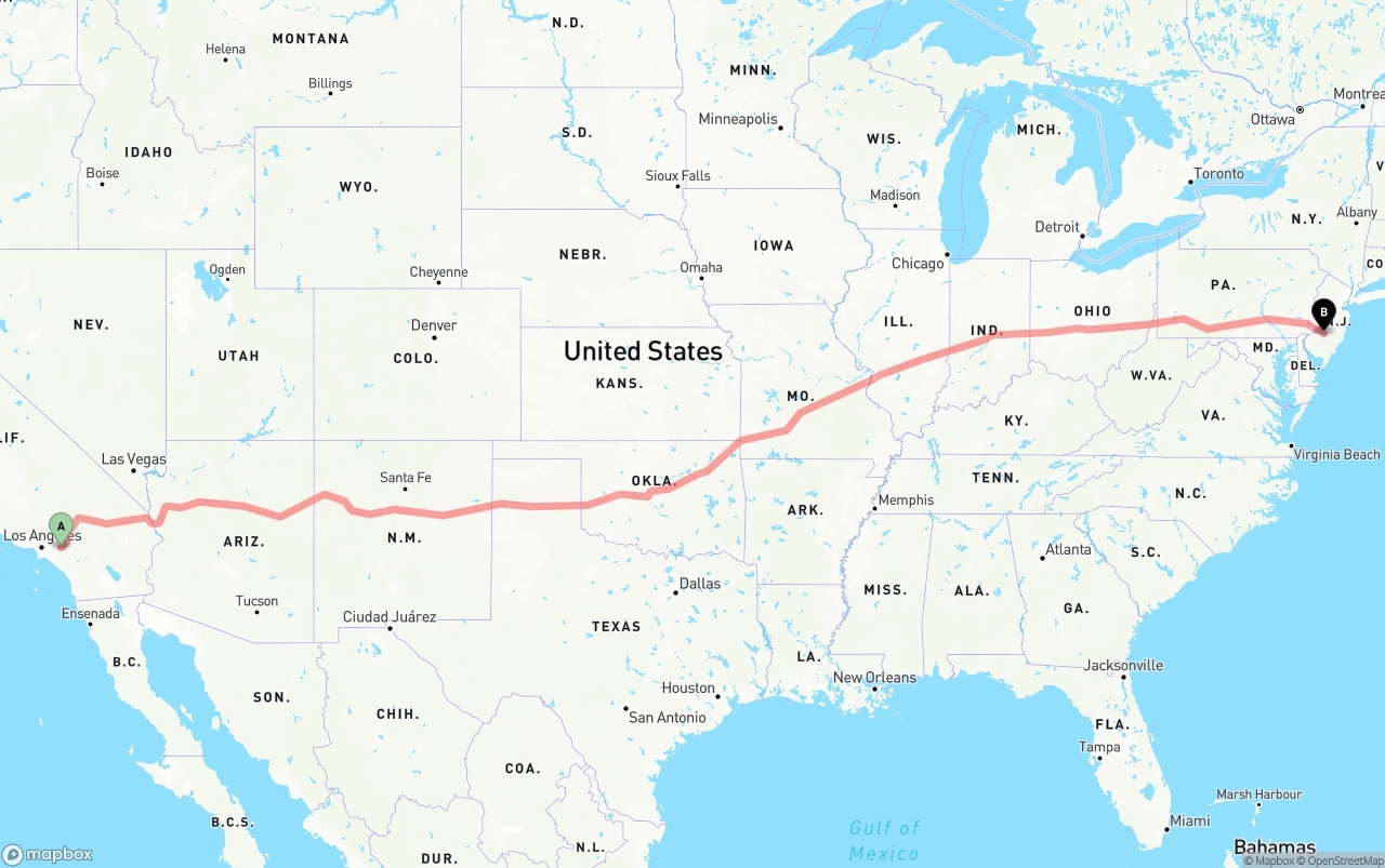 Shipping route from Ontario International Airport to New Jersey