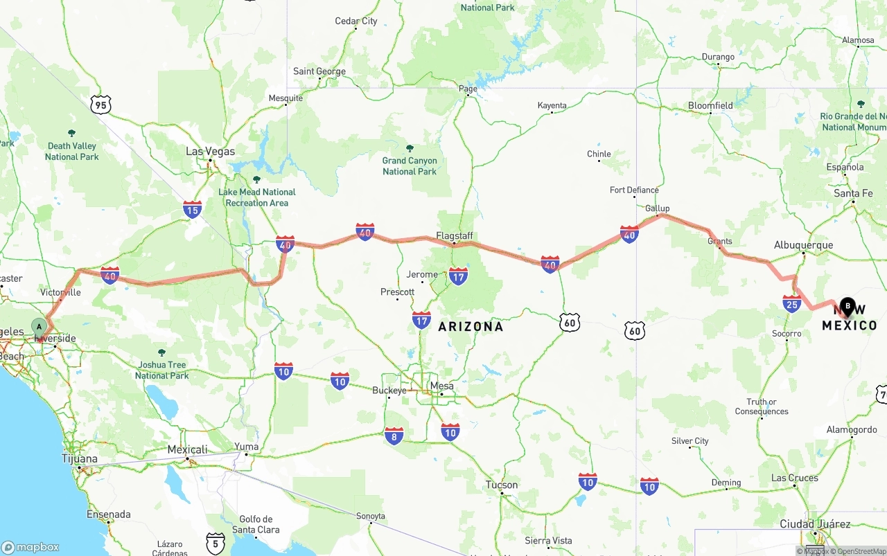 Shipping route from Ontario International Airport to New Mexico