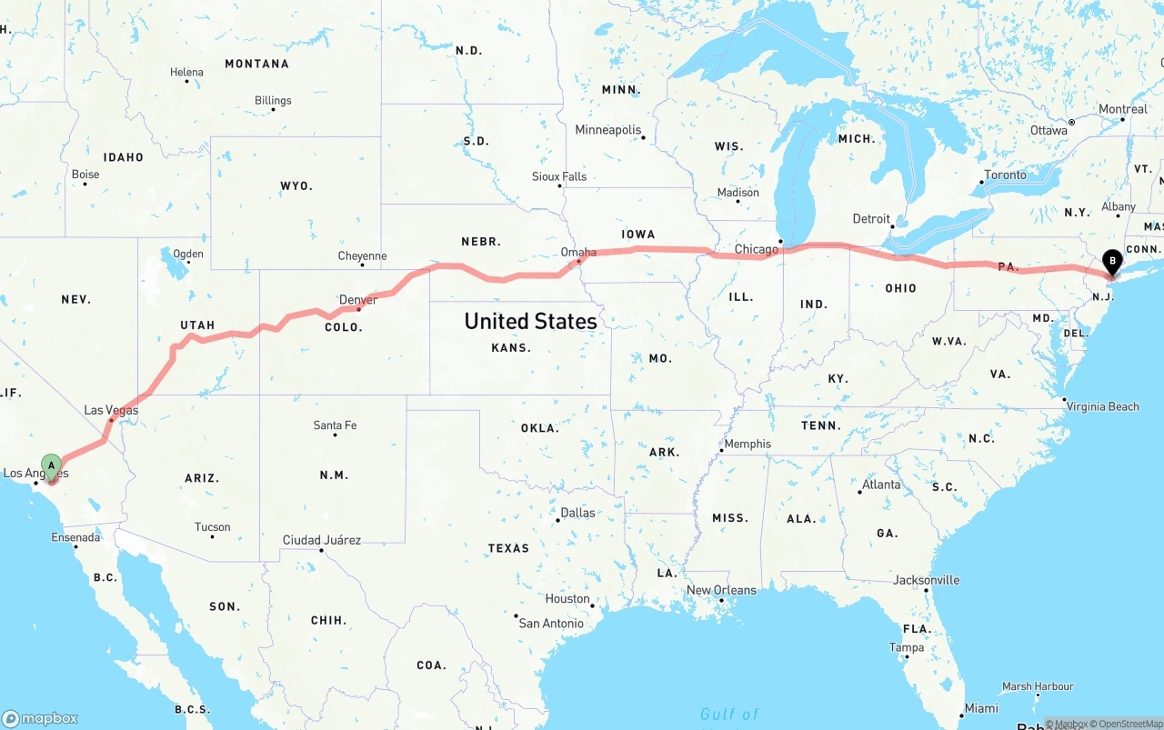 Shipping route from Ontario International Airport to New York City