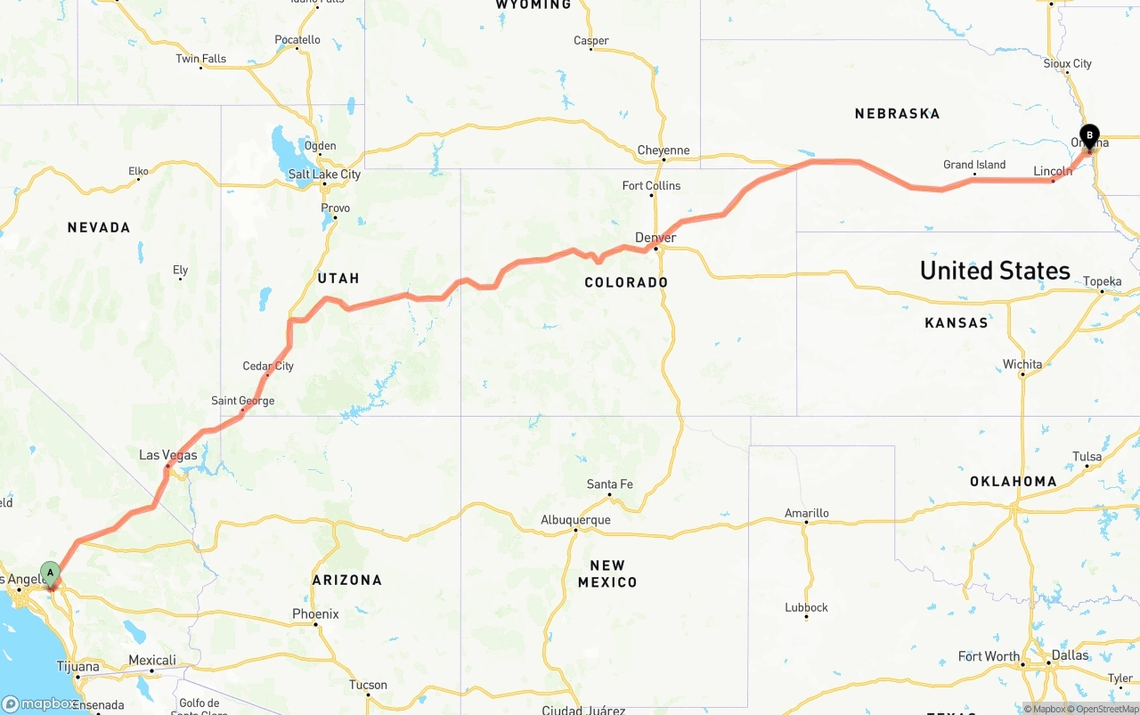Shipping route from Ontario International Airport to Omaha