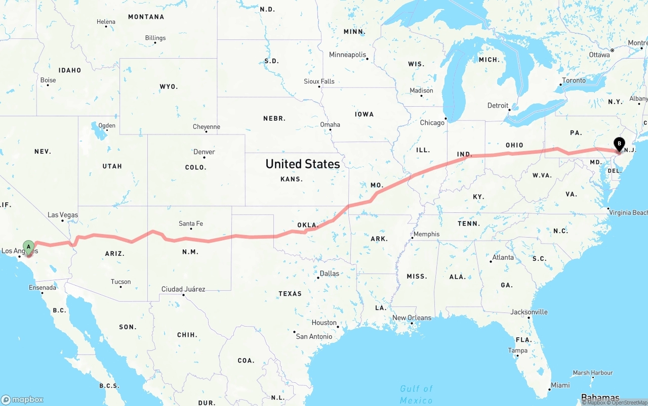 Shipping route from Ontario International Airport to Philadelphia