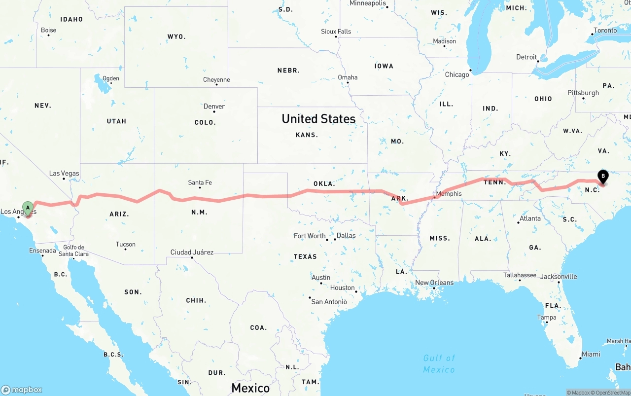Shipping route from Ontario International Airport to Raleigh