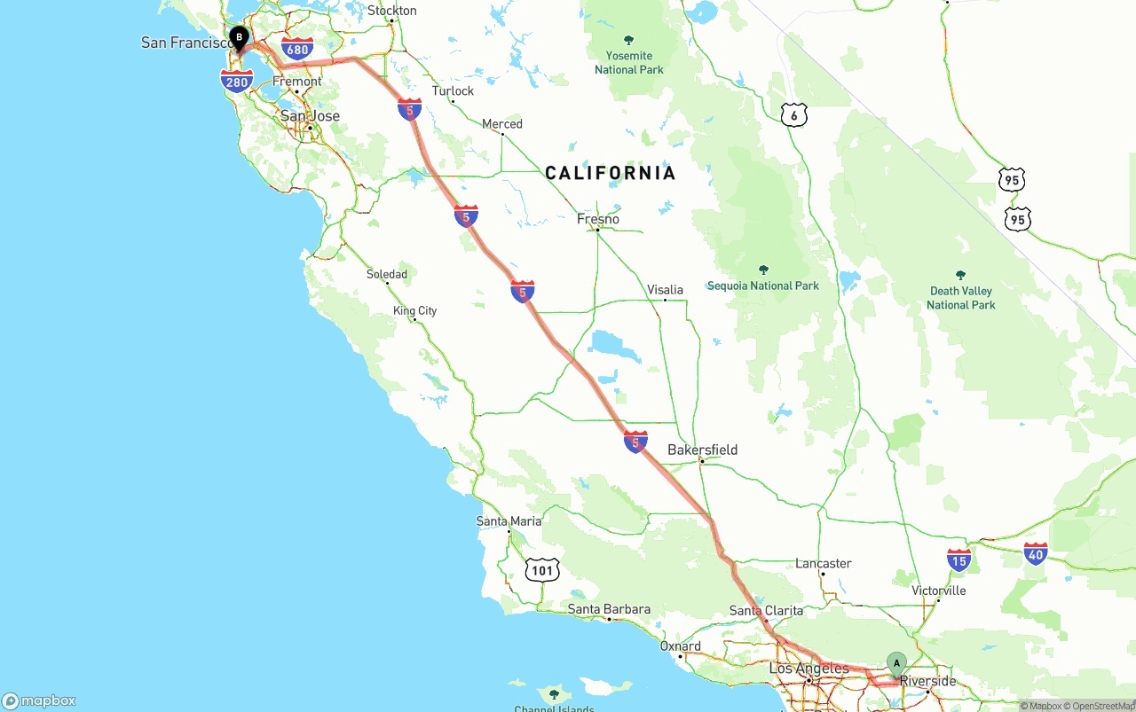 Shipping route from Ontario International Airport to San Francisco
