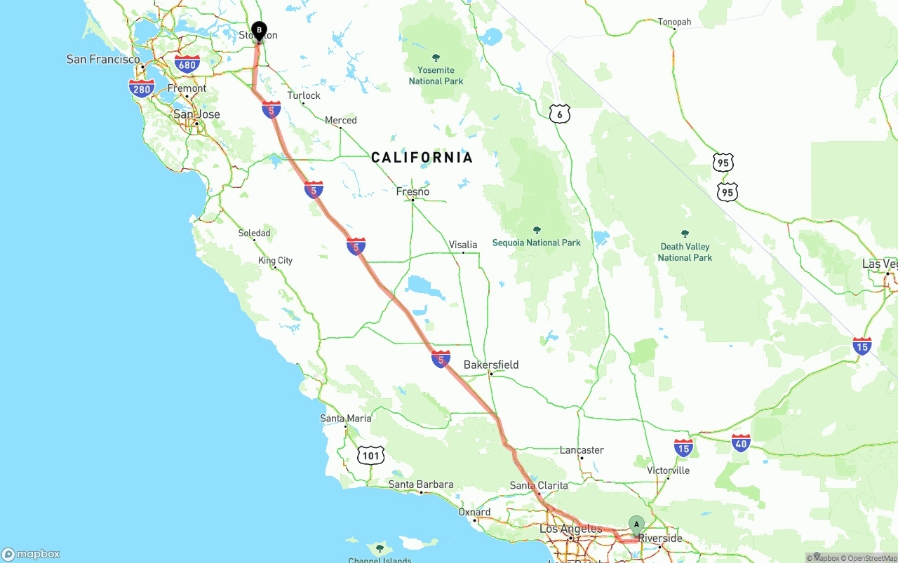 Shipping route from Ontario International Airport to Stockton