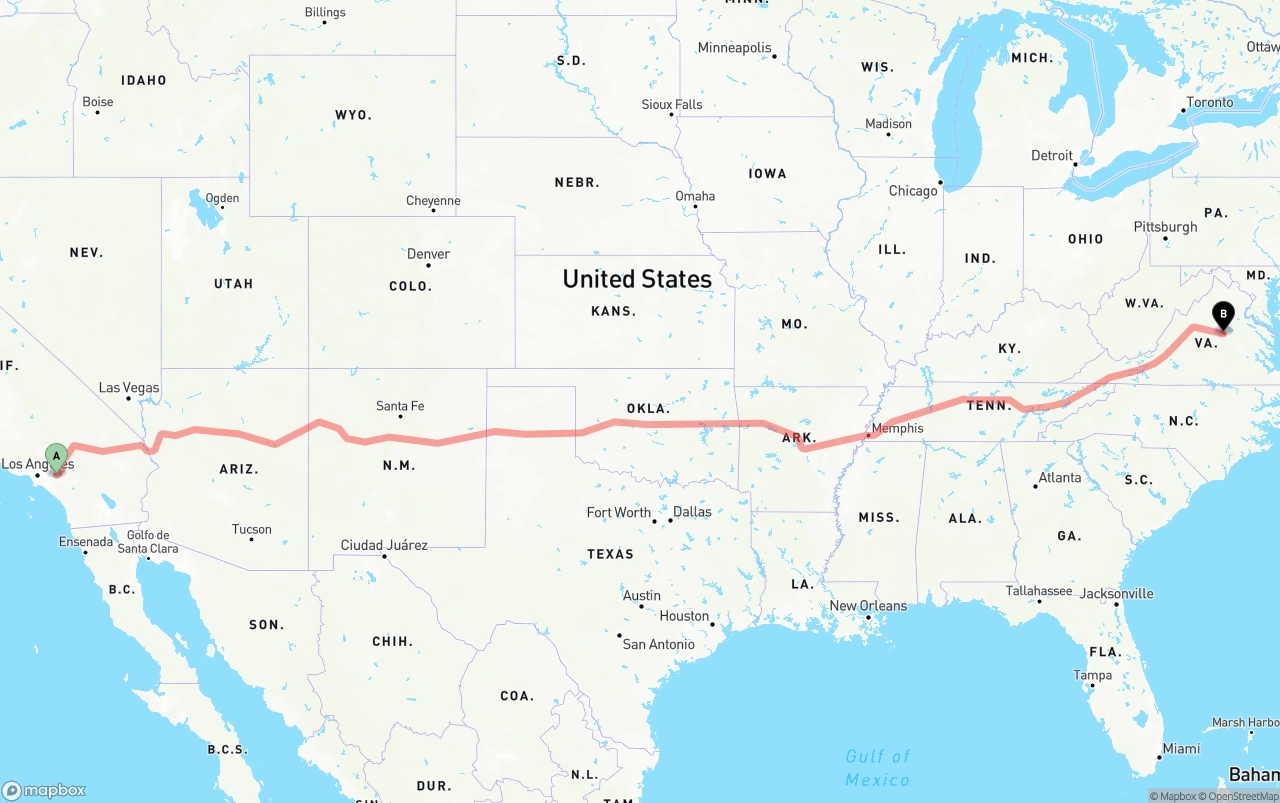 Shipping route from Ontario International Airport to Virginia