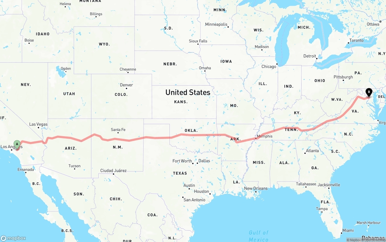 Shipping route from Ontario International Airport to Washington D.C.