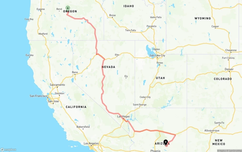 Oregon to Arizona freight shipping route map
