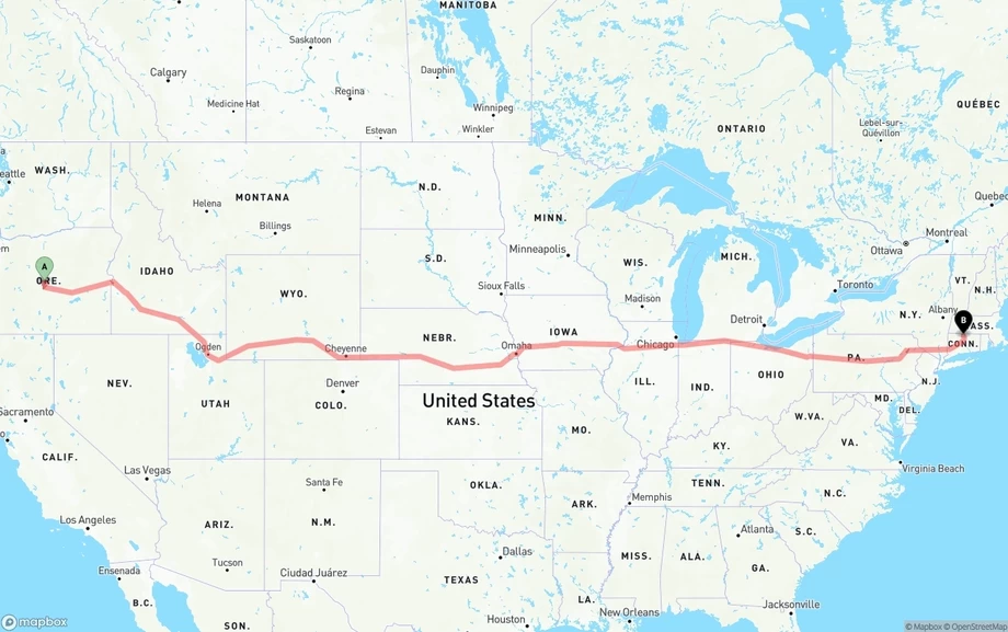 Oregon to Bradley International Airport freight shipping route map